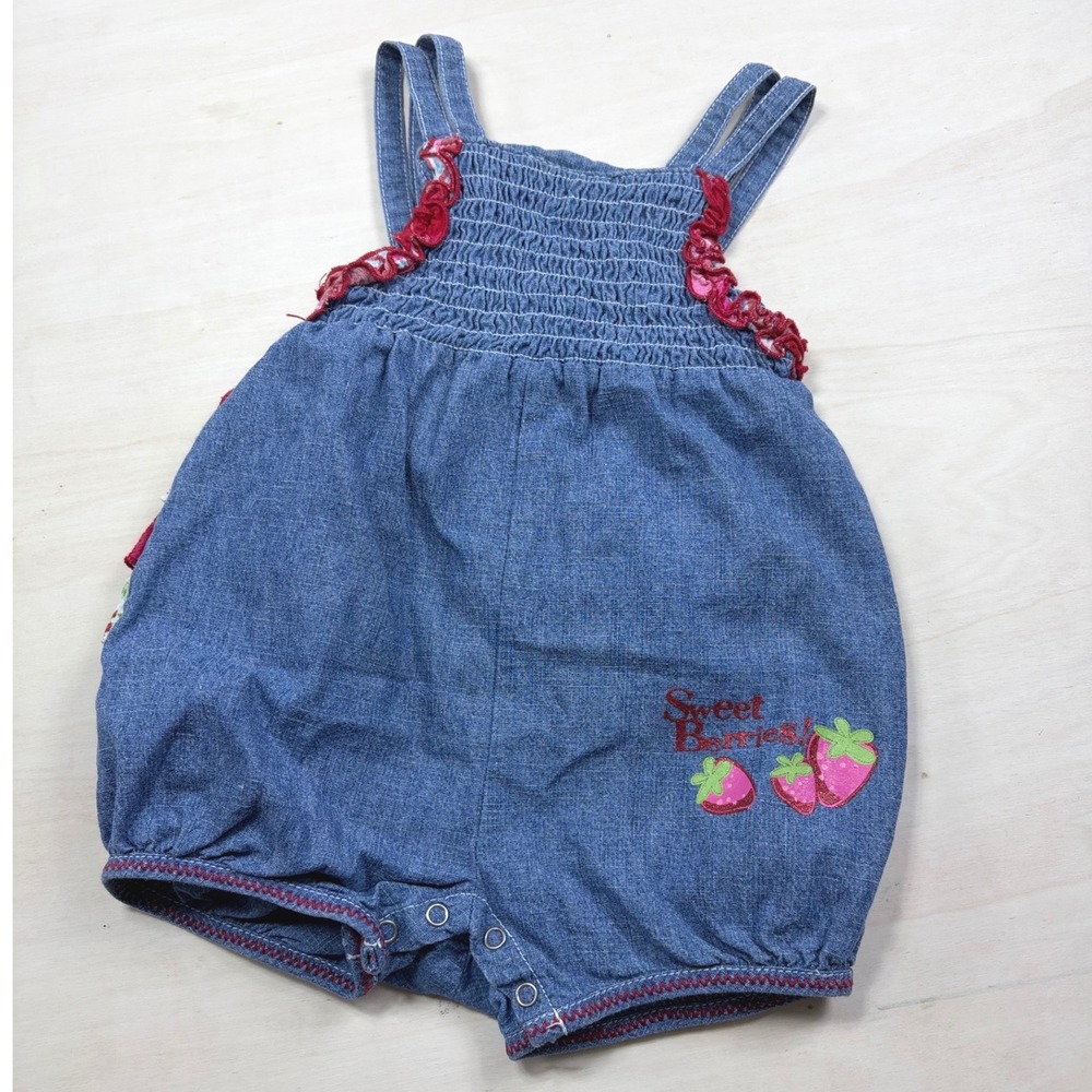 Vintage Faded Glory Baby Ruffle Romper Sweet Berries Strawberry Blue 6-9 Months